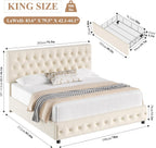 Keyluv Modern Upholstered Bed Frame with 4 Storage Drawers, Button Tufted Headboard Design, Solid Wooden Slat Support, Easy Assembly, Soft Velvet, Beige, King Size