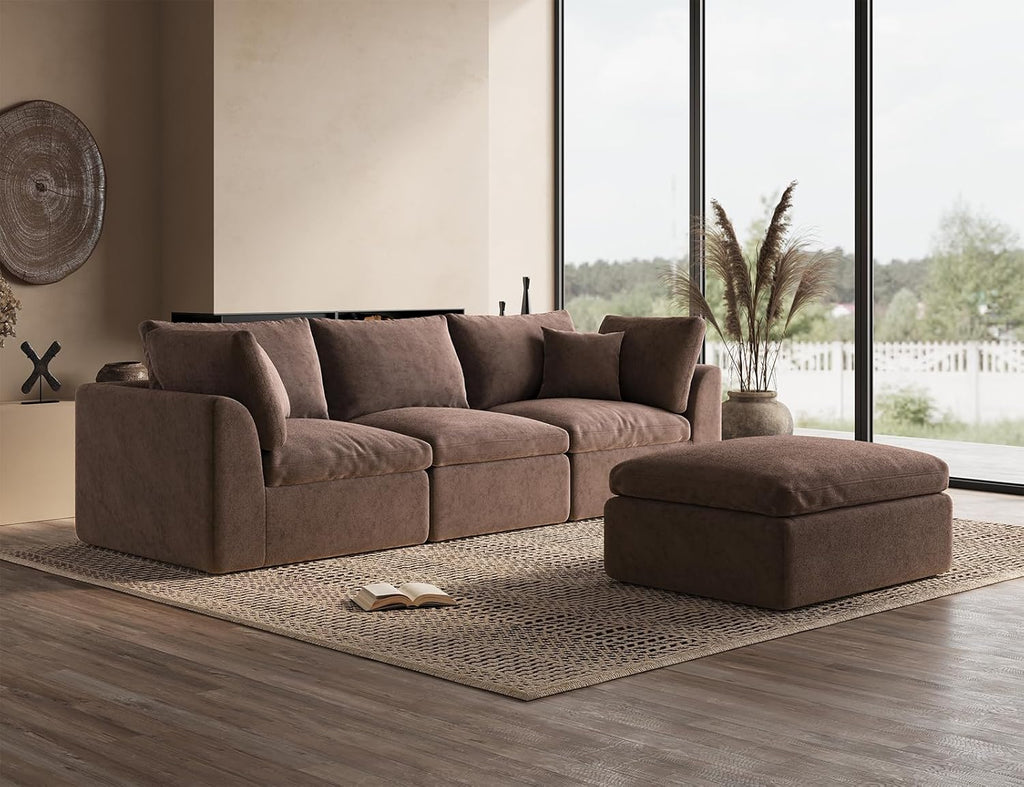 110" Cloud Sectional Couches for Living Room, Boneless L-Shape Couch with Ottoman, 3 Seater Modular Sectional Sofa, Brown