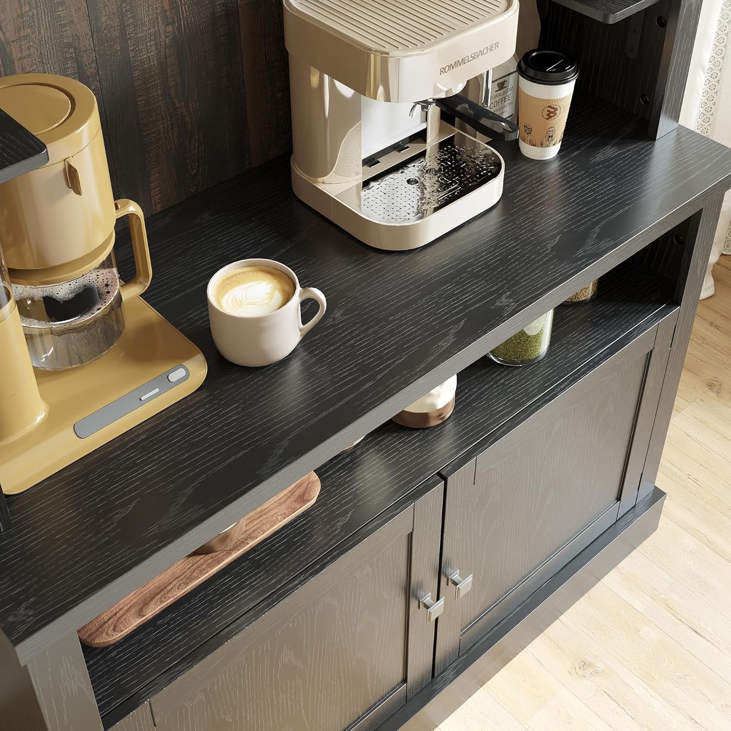 CABIHOME 72" Coffee Hutch Large Kitchen Sideboard，Farmhouse Coffee Bar Cabinet with Storage LED Buffet Cabinet with Wine Rack/Glass Shelf for Kitchen, Dining Room, Living Room(Black)