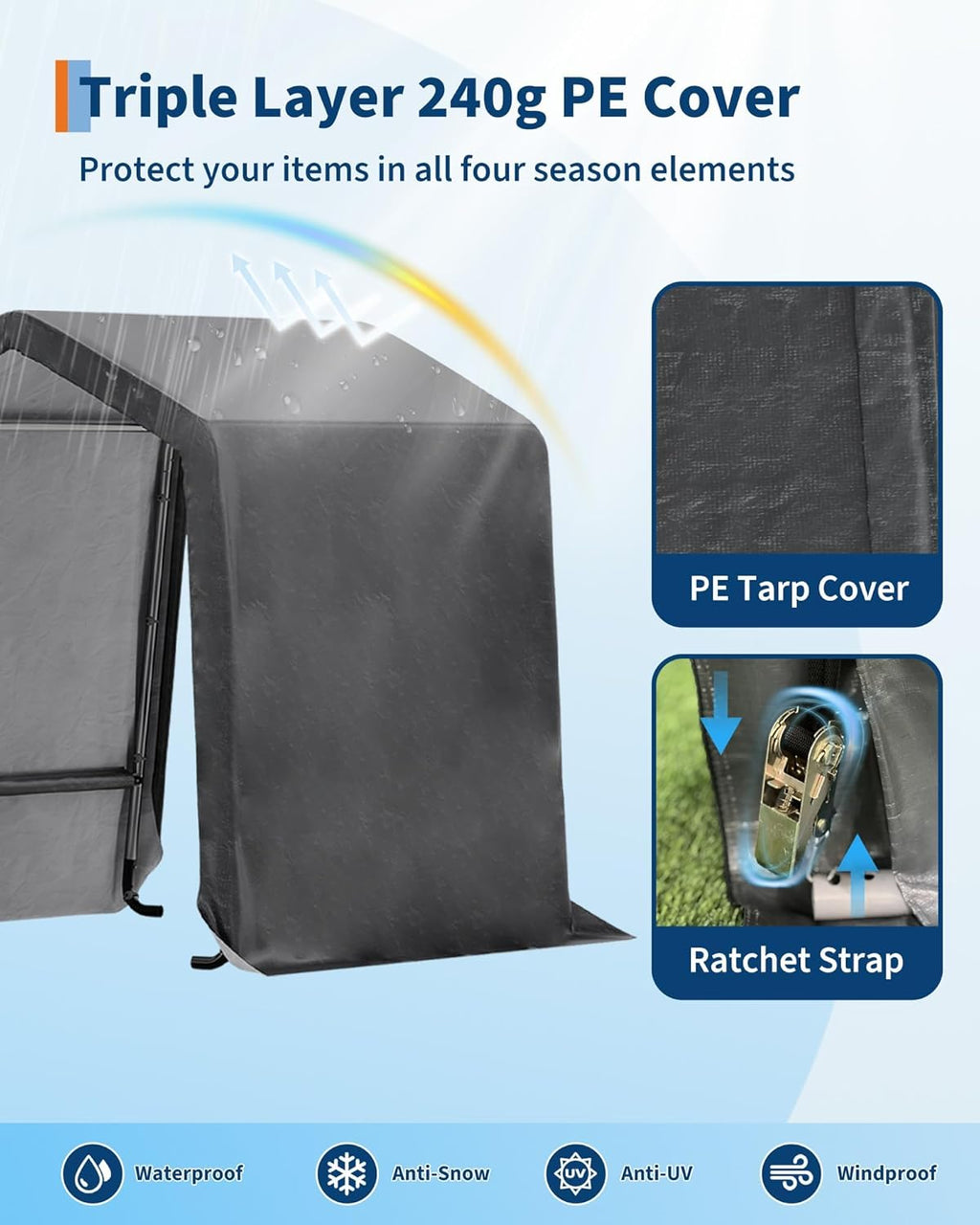 6x8FT Carport, Heavy Duty Motorcycle Shed with Waterproof PE Tarp, Portable Outdoor Storage Shed for Bikes and Firewood, All-Weather Car Shelter with Roll-Up Zipper Door, 6x8FT, Khaki