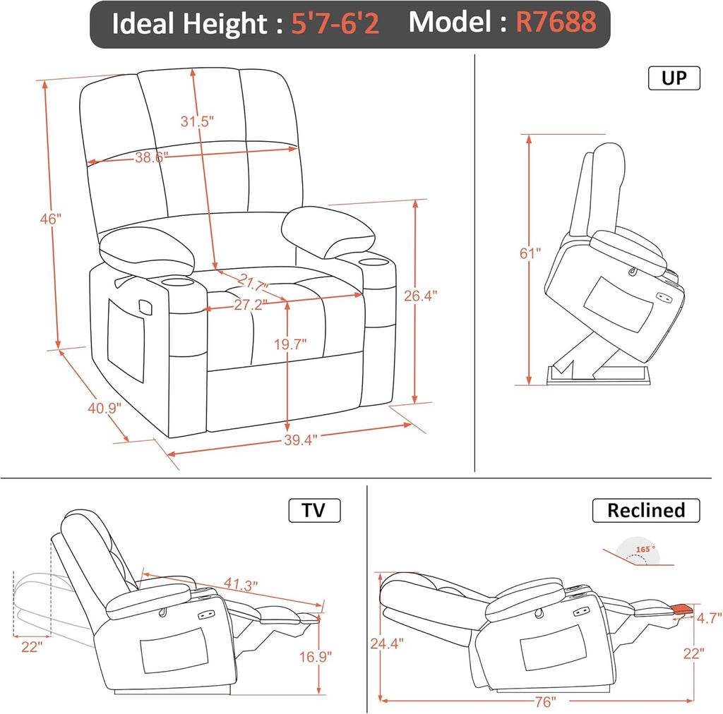 MCombo Oversized Dual Motor Power Lift Recliner Chair Sofa with Massage and Heat for Big Elderly People, Infinite Position, USB Ports, Fabric R7688 (Beige, Large-Oversize)