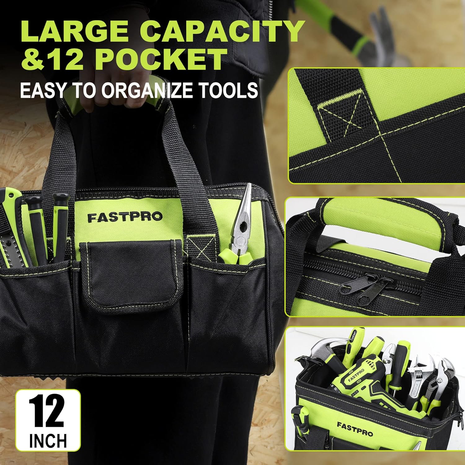 FASTPRO 232-Piece Home Tool Set with Drill, 20V Cordless Drill Driver, Household Repairing Tool Kit with Drill, 12-Inch Wide Mouth Storage Tool Bag Included, Green