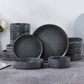 E-far 16-Piece Plates and Bowls Sets - Stoneware Dinnerware Sets with Pasta Bowls for 4 | Microwave & Dishwasher Safe Kitchen Modern Dish Set, Deep Gray