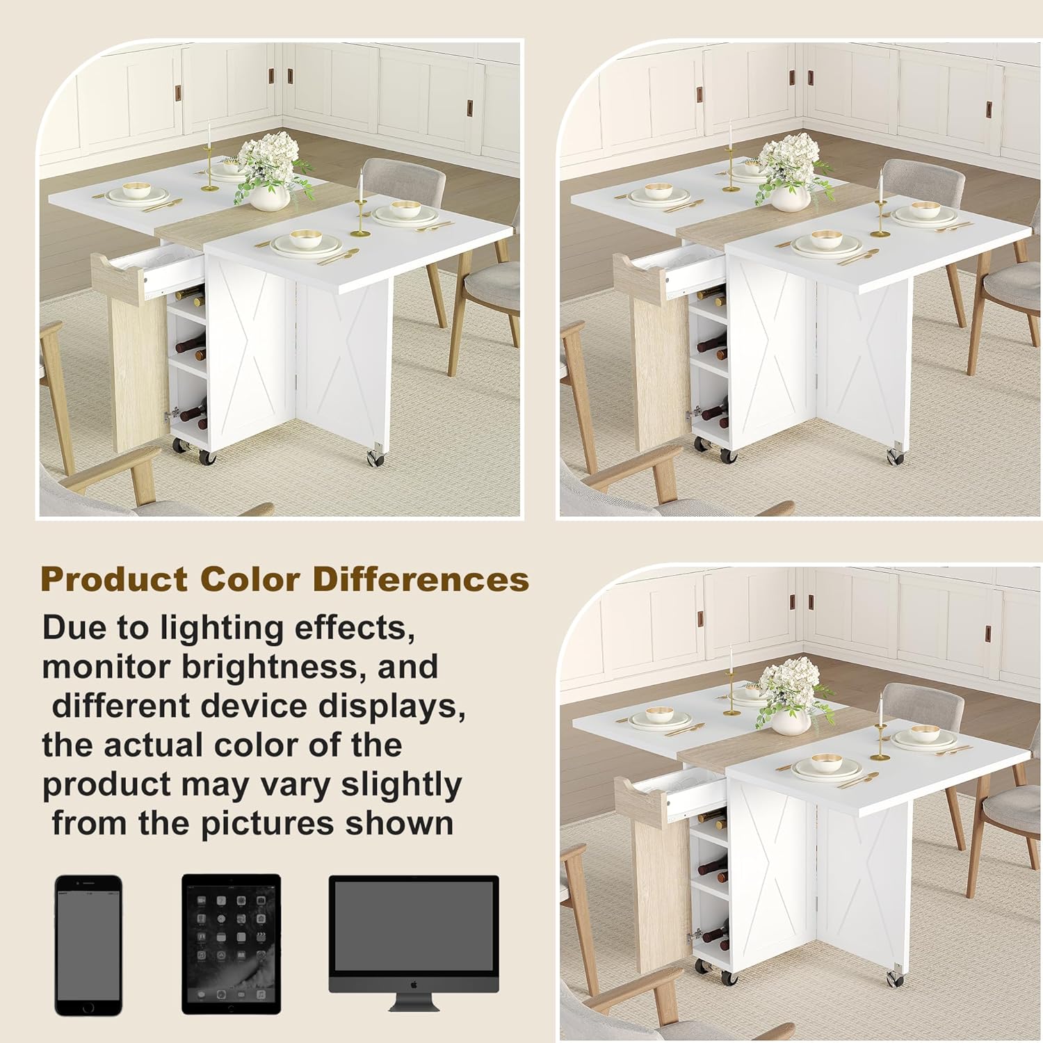 Space Saving Folding Dining Table with 2 Tier Storage-Extendable Drop Leaf Farmhouse Wood Kitchen Dining Room Tables Set for 4, Folding Kitchen Table with 6 Wheels, (Pear Wood Color and White)