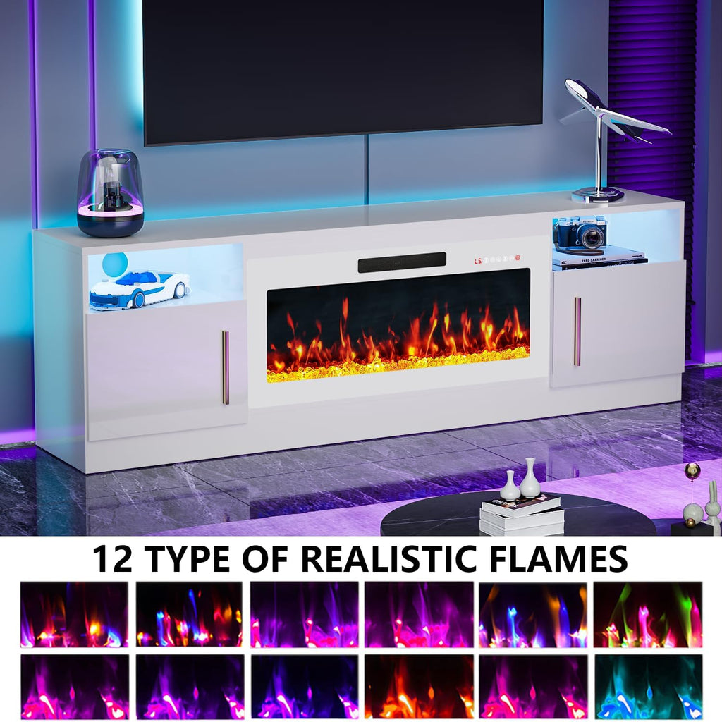 Fireplace TV Stand with 36" Fireplace Up to 80" TVs,70" Entertainment Center with LED Lights,Remote Control,TV Media Console with Storage Cabinets for Living Room, White+White