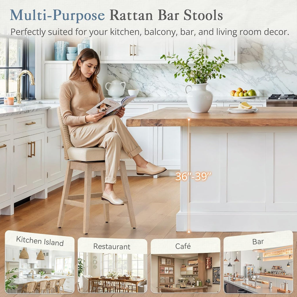 LUE BONA Rattan Bar Stools Set of 4, 27” Swivel Wooden Bars Stools with Thick Linen Seat, Handwoven Back & Wooden Leg, Counter Height for Kitchen Island, Apricot