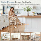 LUE BONA Rattan Bar Stools Set of 4, 27” Swivel Wooden Bars Stools with Thick Linen Seat, Handwoven Back & Wooden Leg, Counter Height for Kitchen Island, Apricot