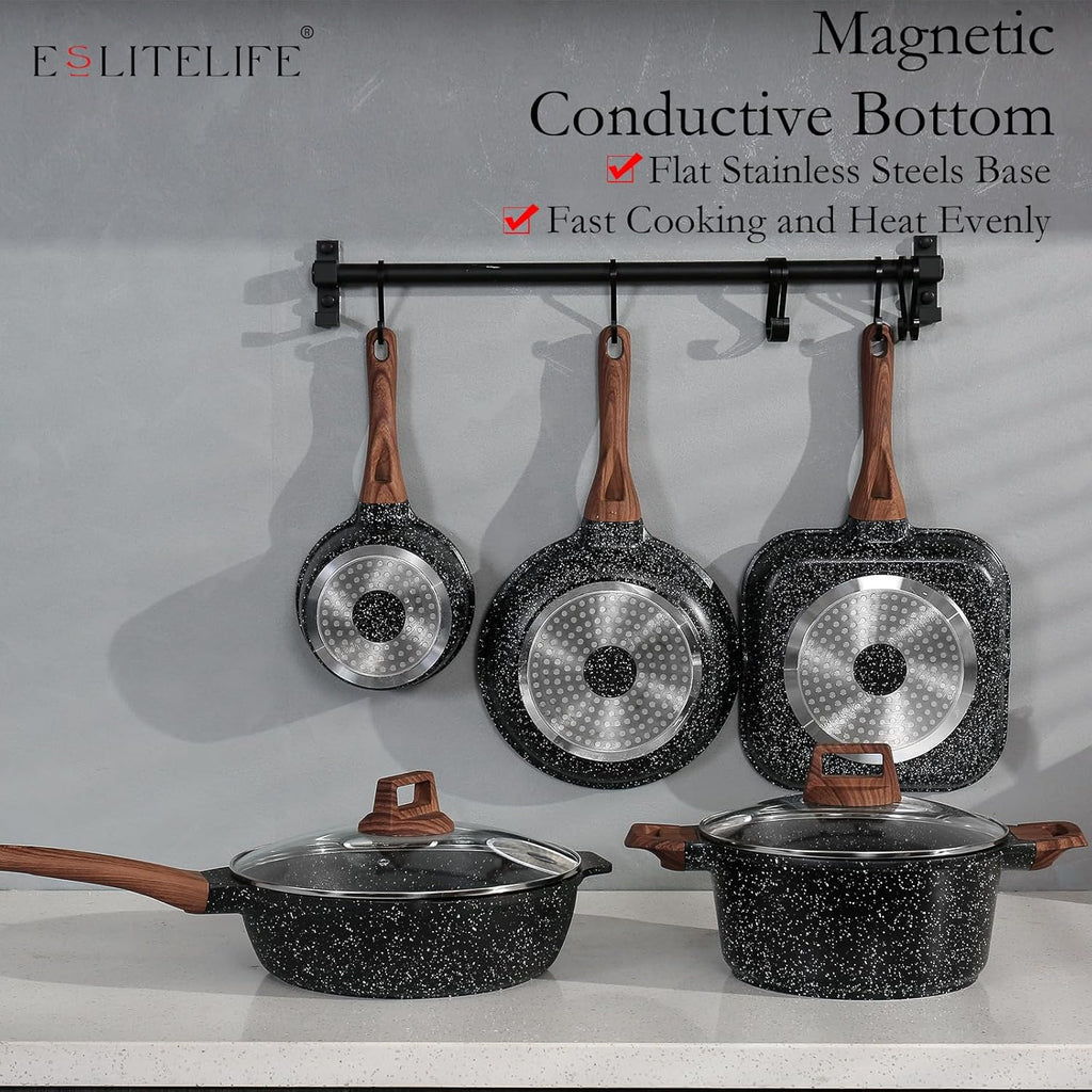 ESLITE LIFE Nonstick Cookware Sets, 12 Pcs Granite Coating Pots and Pans Set Kitchen Cooking Set, Compatible with All Stovetops (Gas, Electric & Induction), PFOA Free, Black