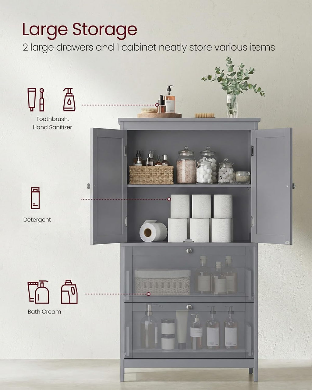 VASAGLE Floor Storage Cabinet, Freestanding Storage Unit with 2 Drawers and 2 Doors, Adjustable Shelf, 11.8 x 23.6 x 43.3 Inches, for Entryway, Bathroom, Dove Gray UBBC551G02V2