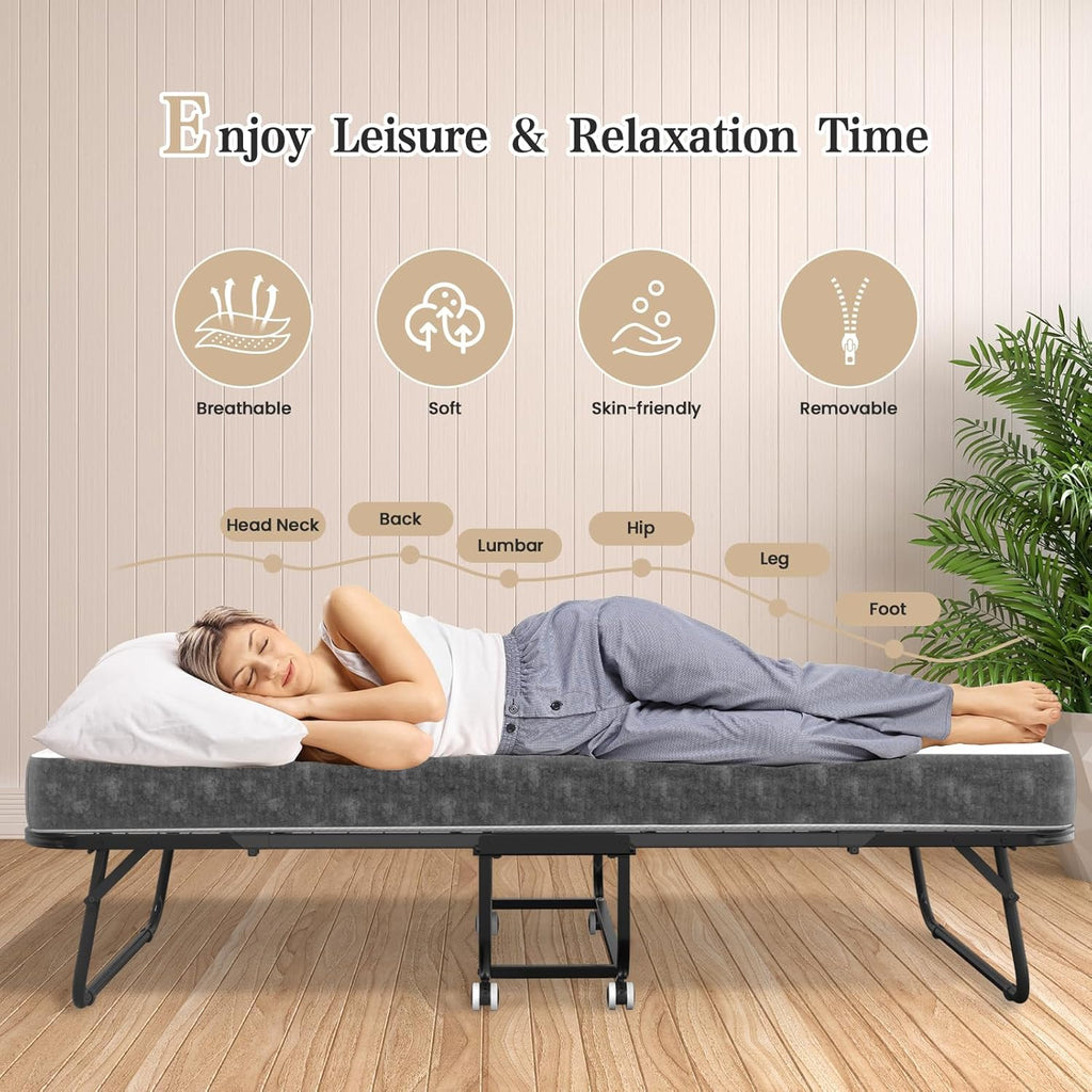 75''x31'' Folding Guest Bed for Adults, Foldable Rollaway Bed with Memory Foam Mattress & Sturdy Fold Up Metal Frame for Bedroom, Office, Apartments, Space-Saving Design for Easy Storage