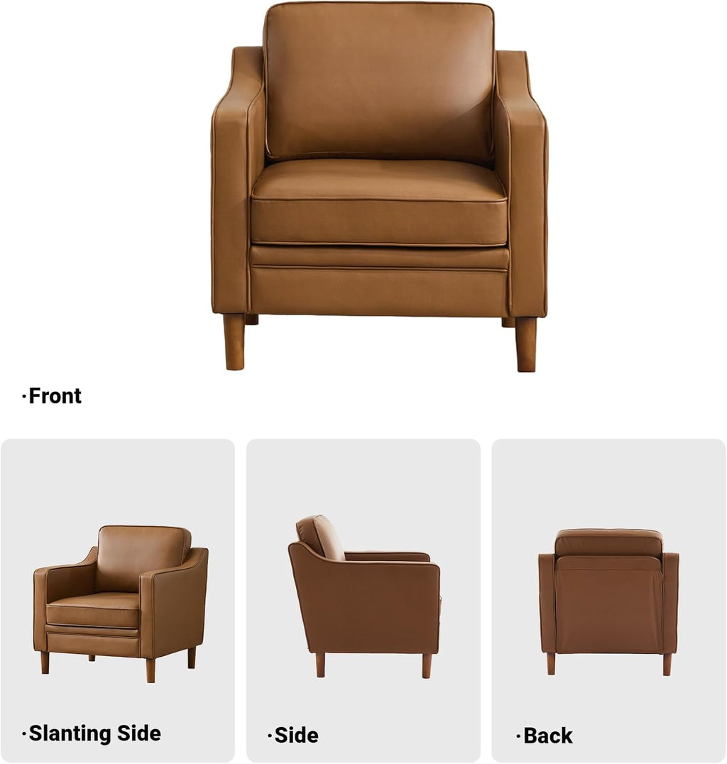 Kingfun Accent Chair Set of 2, Living Room Chairs, Faux Leather Reading Armchair, Mid Century with Solid Wood Foot, Upholstered Modern Decor for Bedroom, Apartment, Brown