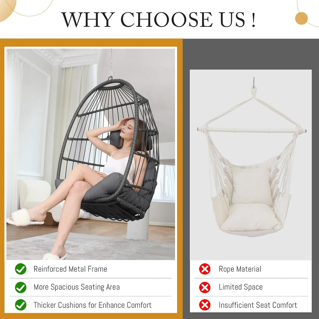 BULEXYARD Outdoor Egg Chair Without Stand, 350 Lbs Foldable Weather-Resistant Rattan Hanging Hammock with Cushion, Cozy Swing Basket Seat for Bedroom Balcony Patio Pergola Tree Mount, Dark Grey