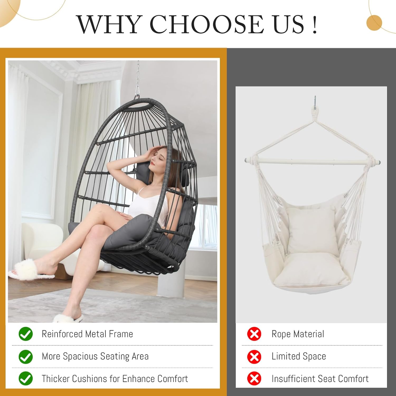 BULEXYARD Outdoor Egg Chair Without Stand, 350 Lbs Foldable Weather-Resistant Rattan Hanging Hammock with Cushion, Cozy Swing Basket Seat for Bedroom Balcony Patio Pergola Tree Mount, Dark Grey