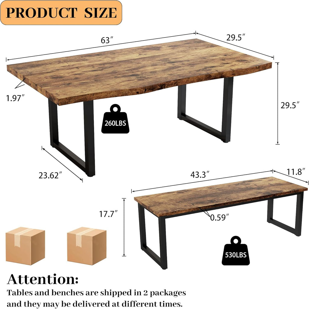 63" Dining Table with 2 Benches, Modern Kitchen Table and Chairs Set for 4 to 6 Persons, Thickened MDF Wooden Table for Dining Room, Kitchen