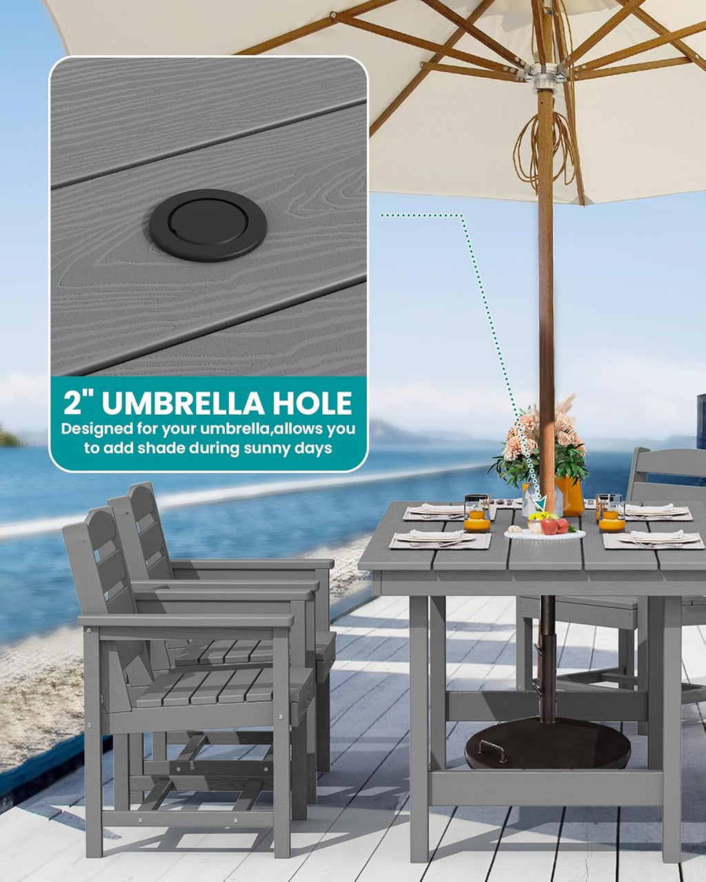 SERWALL Outdoor HDPE Dining Table Set  7-Piece Outdoor Dining Table Sets with Umbrella Hole Cut-Out Table and 6 Chairs  Gray