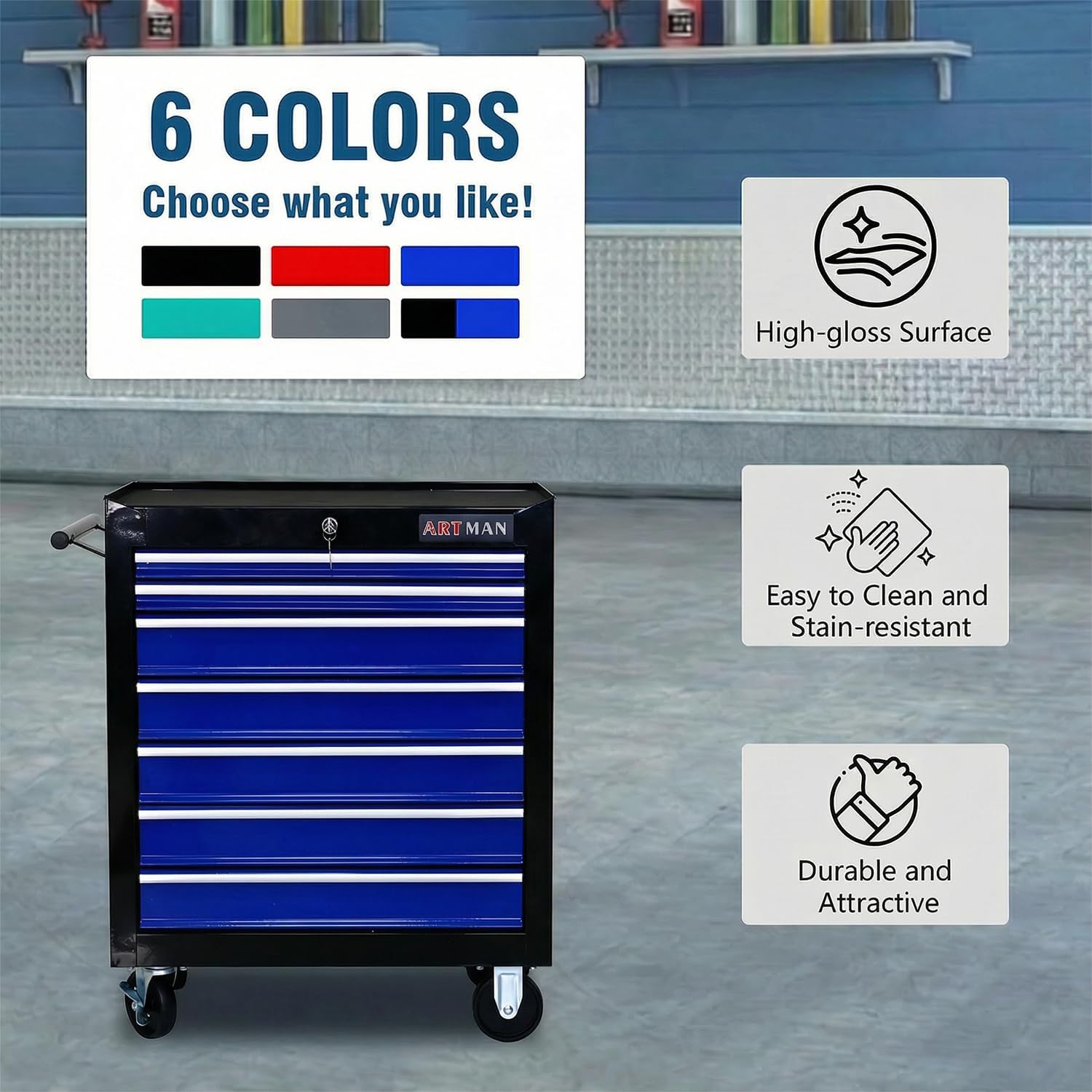 7 Drawers Tool Cart on Wheels,Multifunctional Rolling Tool Chest Tool Storage,Drawers Rolling Tool Trolley Organizer Tool Case for Garage,Warehouse,Workshop,Repair Shop (7 Drawers-Black&Blue)
