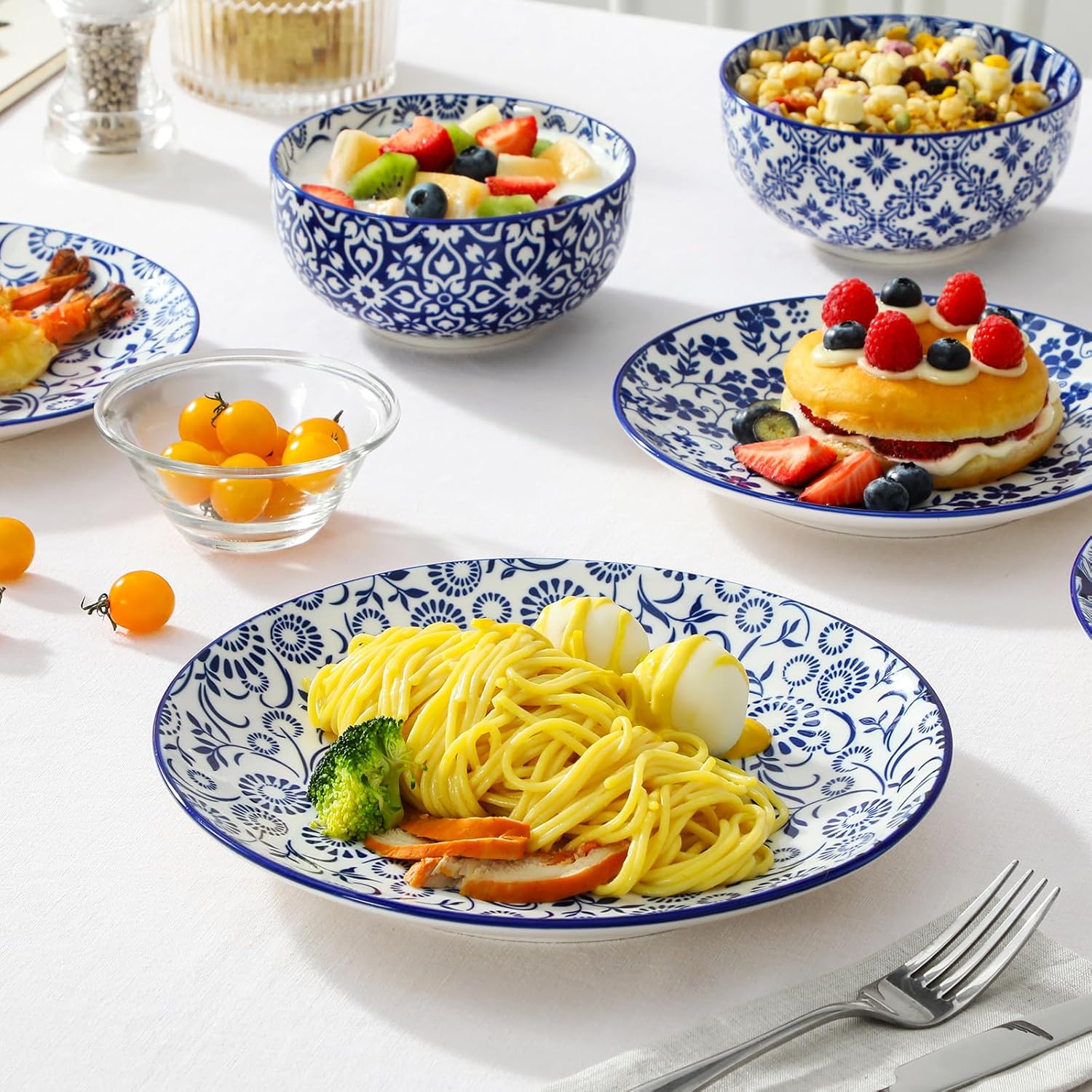 vancasso SELENE Plates and Bowls Set for 6, 18 Pieces Dinnerware Sets, Mircowave and Dishwasher Safe Dishes Set, Porcelain Blue Dinnerware