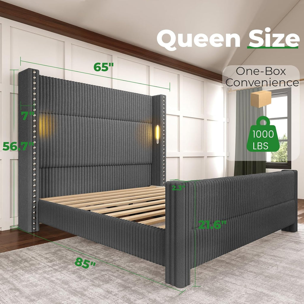 Queen Bed Frame with 56.7" Tall Headboard & Reading Lights, Corduroy Upholstered Wingback Platform Bed with Charging Station, Modern Retro Design, Noise Free, No Box Spring Required, Grey