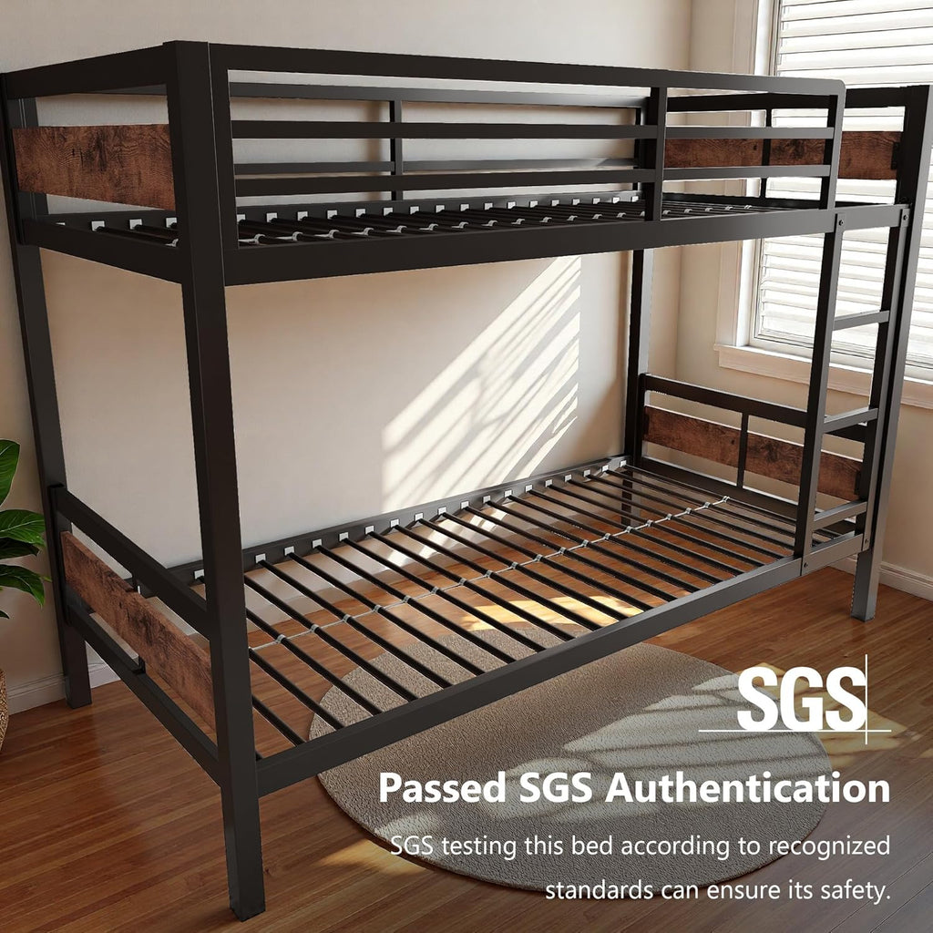 iPormis Metal Bunk Bed Twin Over Twin, HeHeavy Duty Bunk with High Guardrail and Safety Entrance Design, Under-Bed Storage Space, No Box Spring Needed, Noise Free, Vintage Brown
