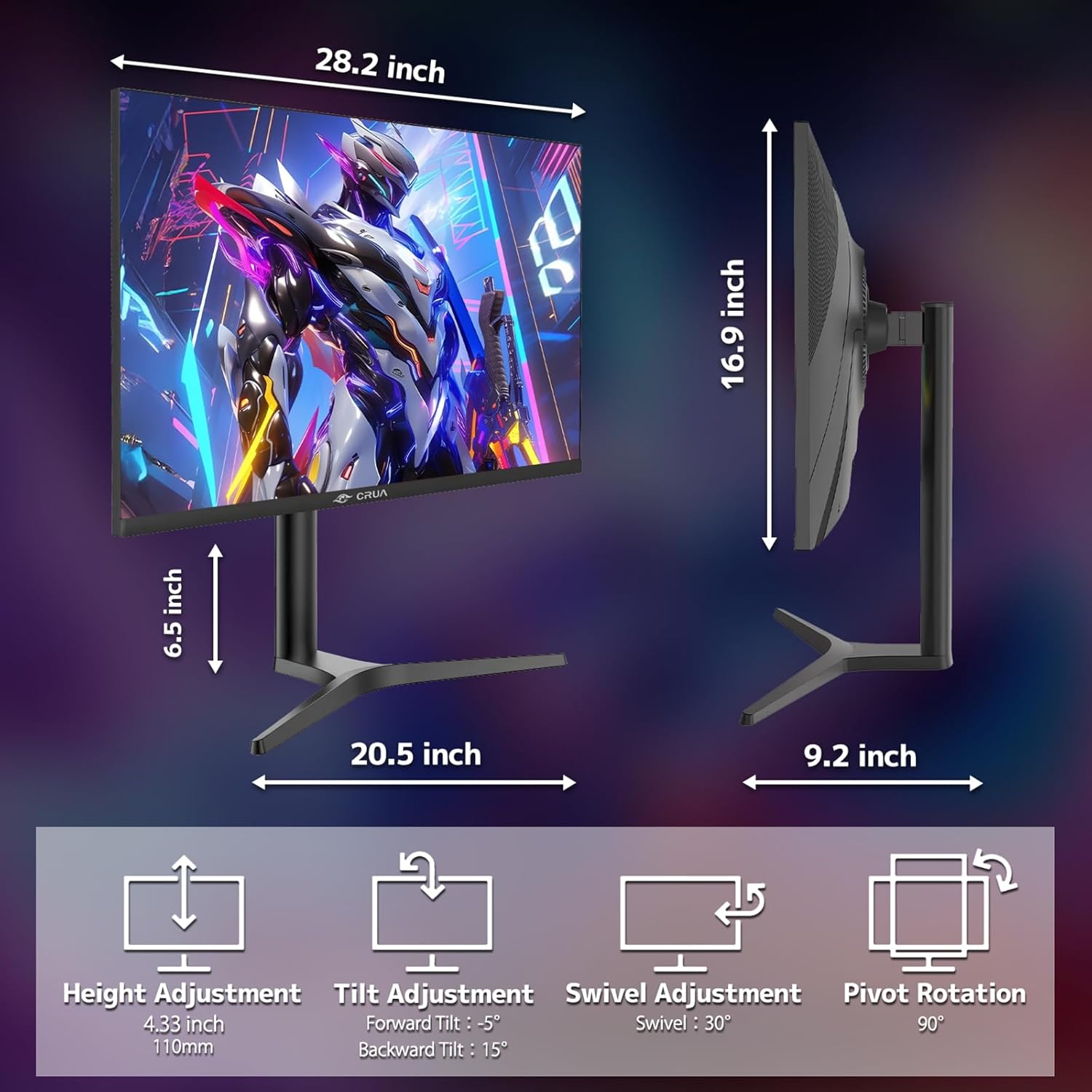 CRUA 32'' 4K Gaming Monitor 160Hz  UHD 3840x2160 IPS Screen  Height/Pivot/Swivel/Tilt Adjustable Vertical Monitor  Support FreeSync  Built-in Speakers  120% sRGB  PIP/PBP  HDMI 2.0 & DP 1.4-Black