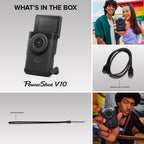 Canon PowerShot V10 Compact Vlogging Camera  1" CMOS Sensor  4K Video Streaming  Built‑in Wide‑Angle Zoom Lens  Flip‑LCD & Stereo Mic  Image Stabilization  Creator Studio in Your Pocket  Black