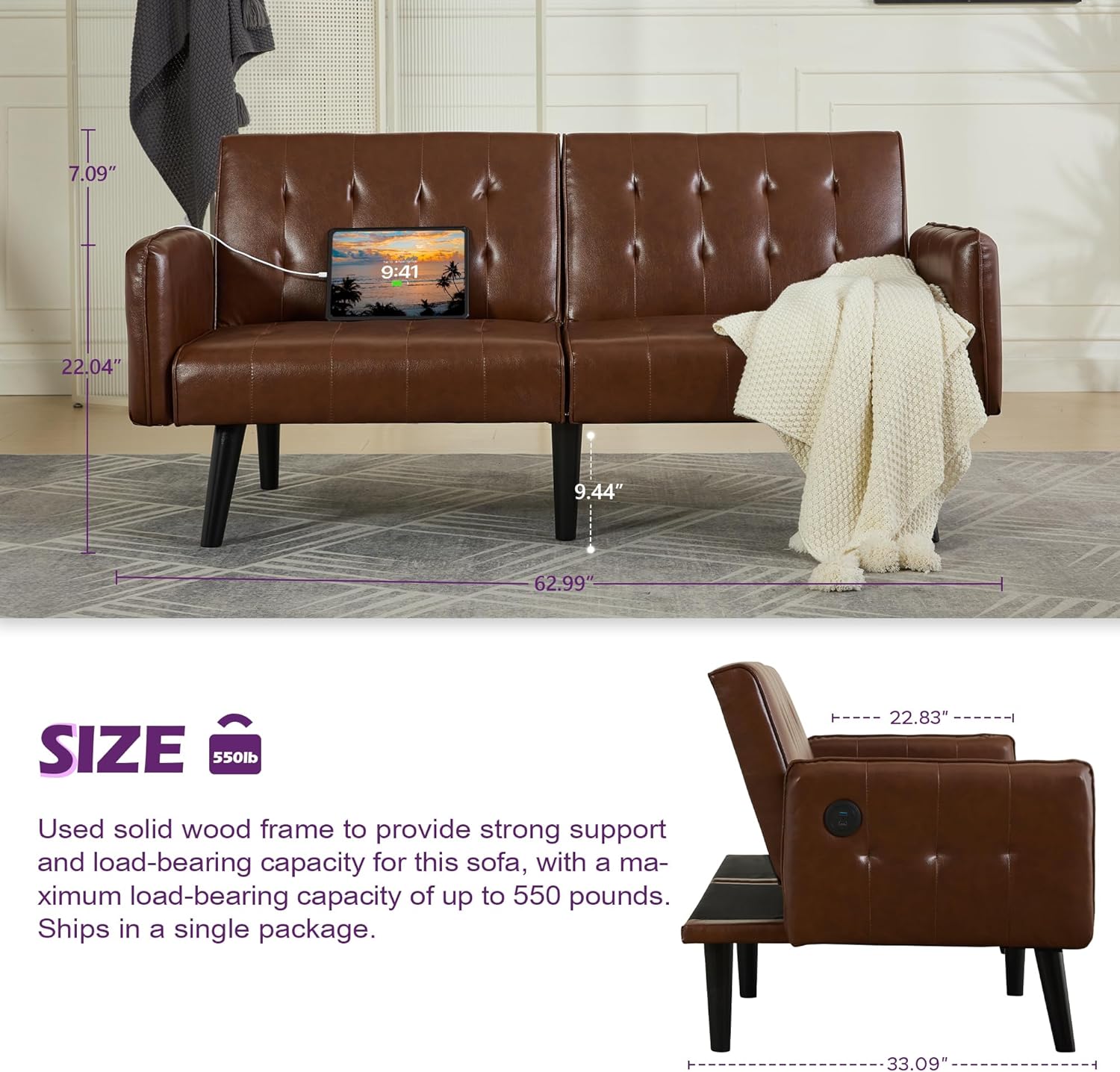 TYBOATLE 65“ Convertible Futon Sofa Bed w/ 2 USB,Tufted Small Adjustable Folding Couch Loveseat, Modern Mid Century Faux Leather Sleeper Sofa for Living Room, Bedroom,Office, Brown