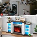 Naice 72" Electric Fireplace with Mantel and Cabinets, Fireplace TV Stand for Living Room Bedroom, LED Light & Power Outlet, 23in Realistic Flame Fireplace and Stacked Stone Surround, Brown