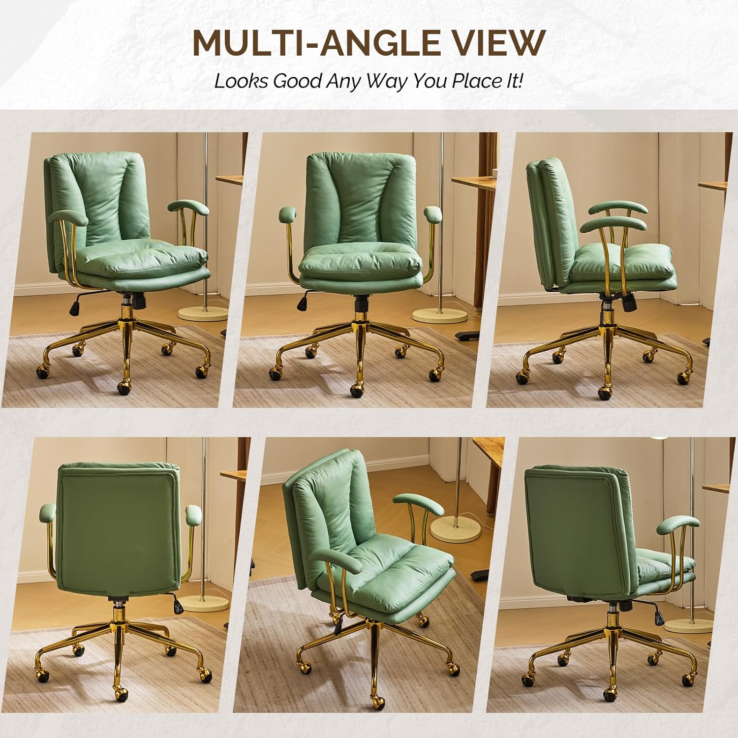 VINGLI Home Office Desk Chair Comfy with Wheels & Removable Armrests,Gold Base Vanity Chair with Back,Adjustable Rolling Swivel Computer Task Chair for Study,Makeup,Office,Cat Scratch PU,Green