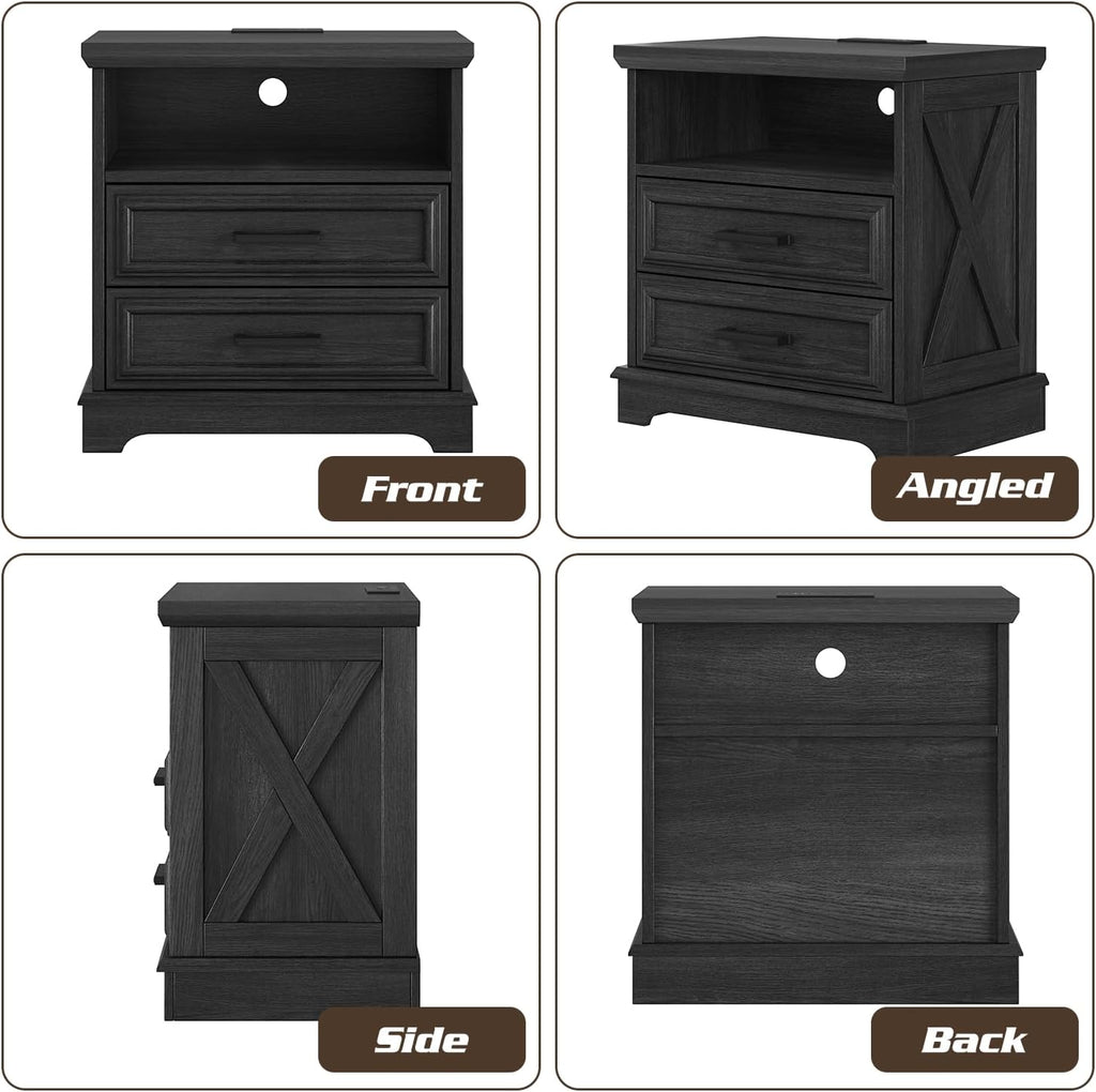 24 Inch Wide Farmhouse Nightstands Set of 2 with Charging Station, Dark Gray Nightstand with 2 Large Drawers, Rustic Wood End Table for Bedroom