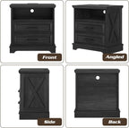 24 Inch Wide Farmhouse Nightstands Set of 2 with Charging Station, Dark Gray Nightstand with 2 Large Drawers, Rustic Wood End Table for Bedroom