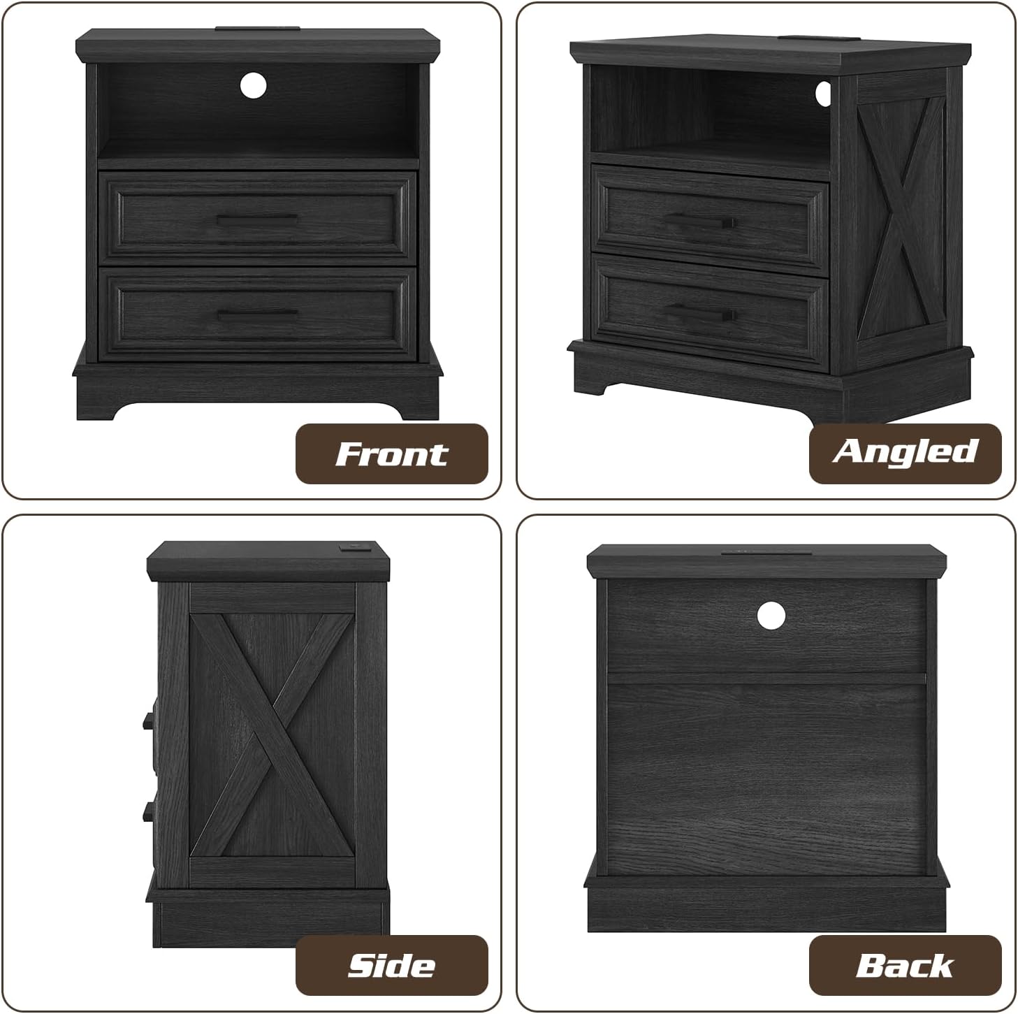 24 Inch Wide Farmhouse Nightstands Set of 2 with Charging Station, Dark Gray Nightstand with 2 Large Drawers, Rustic Wood End Table for Bedroom