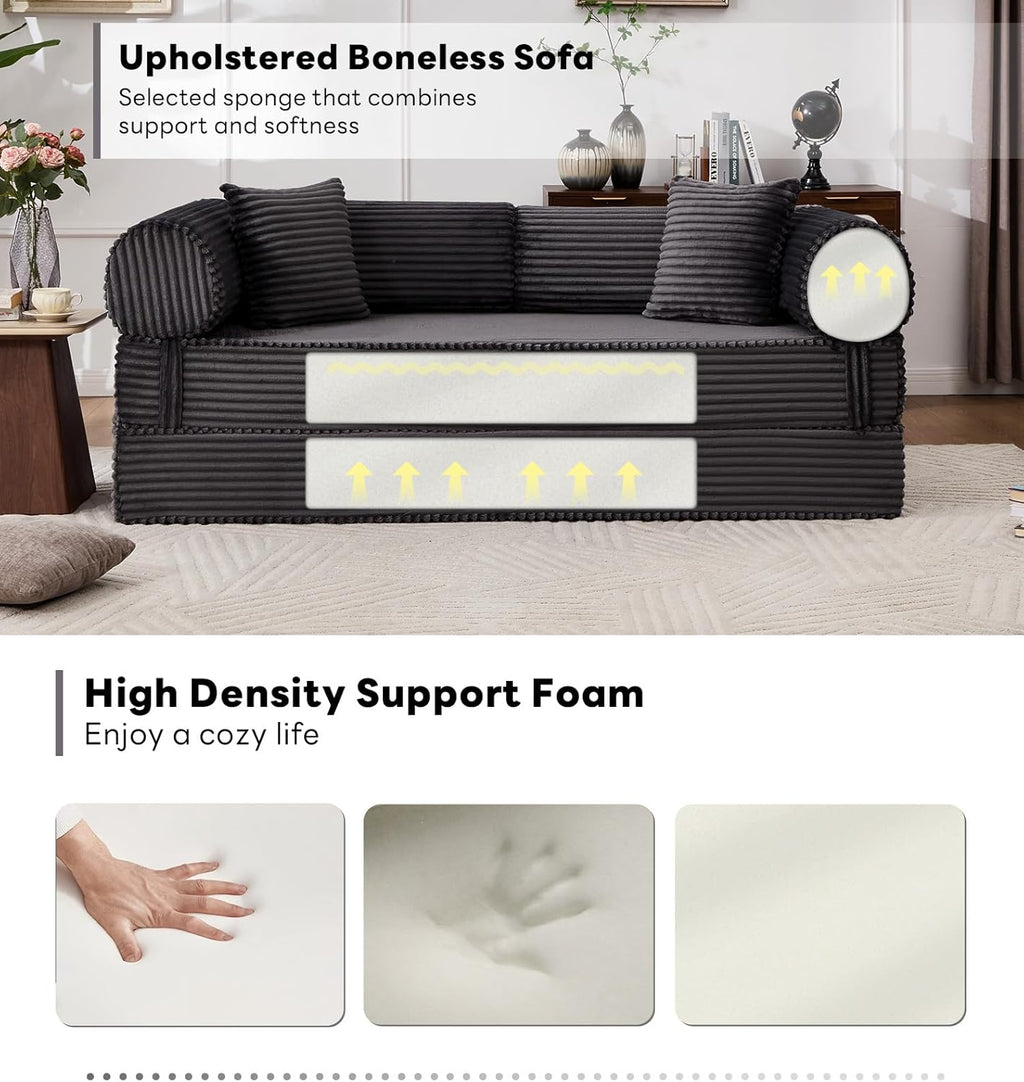 Tbfit 79'' Convertible Sofa Bed, Oversized Corduroy Folding Boneless Couch, Futon Mattress Sleeper Sofa, Comfy Foldable Upholstered Floor Couches for Living Room, Black