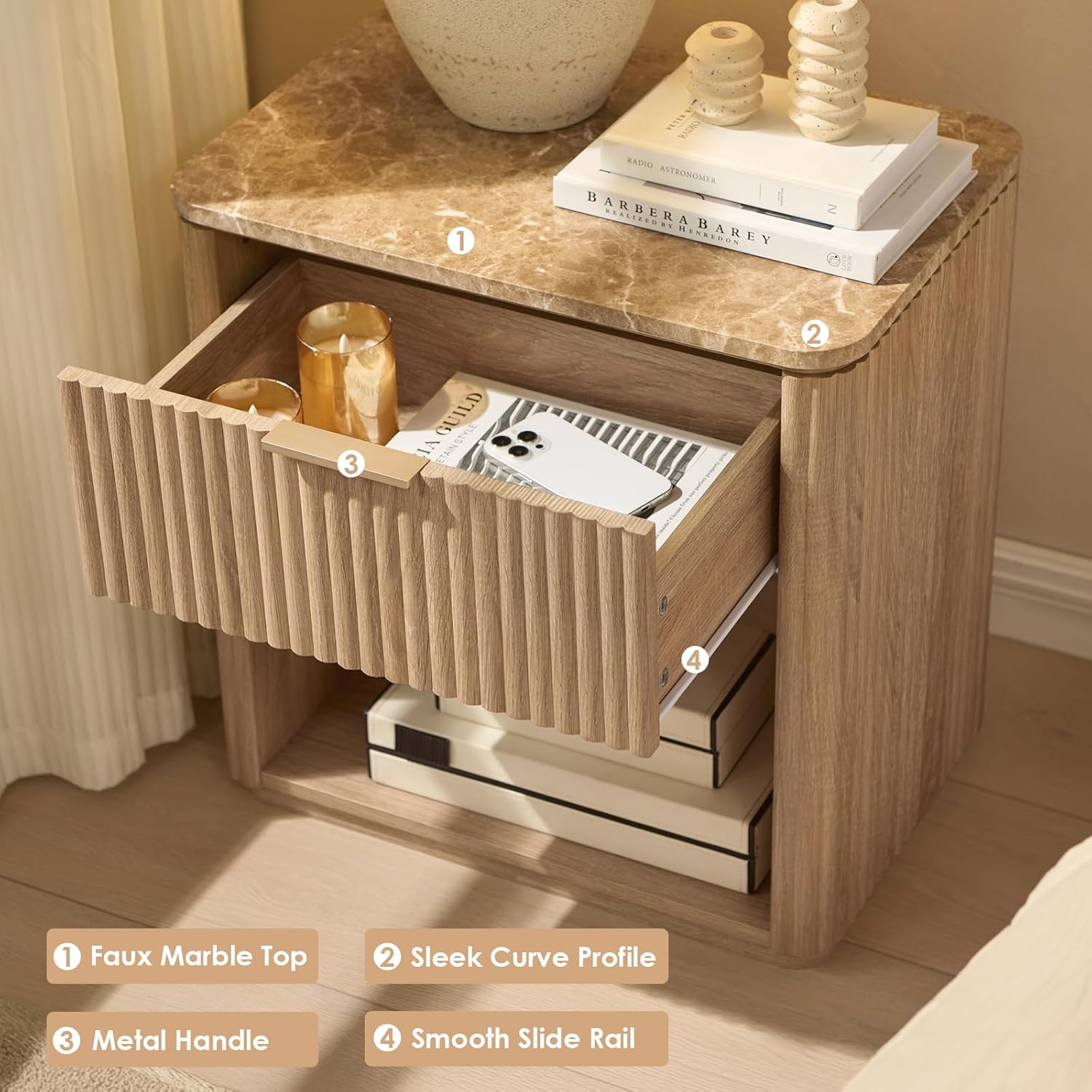 Fluted Nightstand Set of 2, Bedside Table with Faux Marble-Top, Engineered Wood Side Table with Drawer Open Shelf, Curved Corners, Modern Night Stand for Bedroom, Small Spaces, Natural Oak