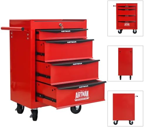 Rolling Metal Tool Chest with 4 Drawers, 20" 4-Drawer Tool Chest Cabinet with Ball Bearing Drawer Slides, Steel Tool Storage Box Organizer -Red
