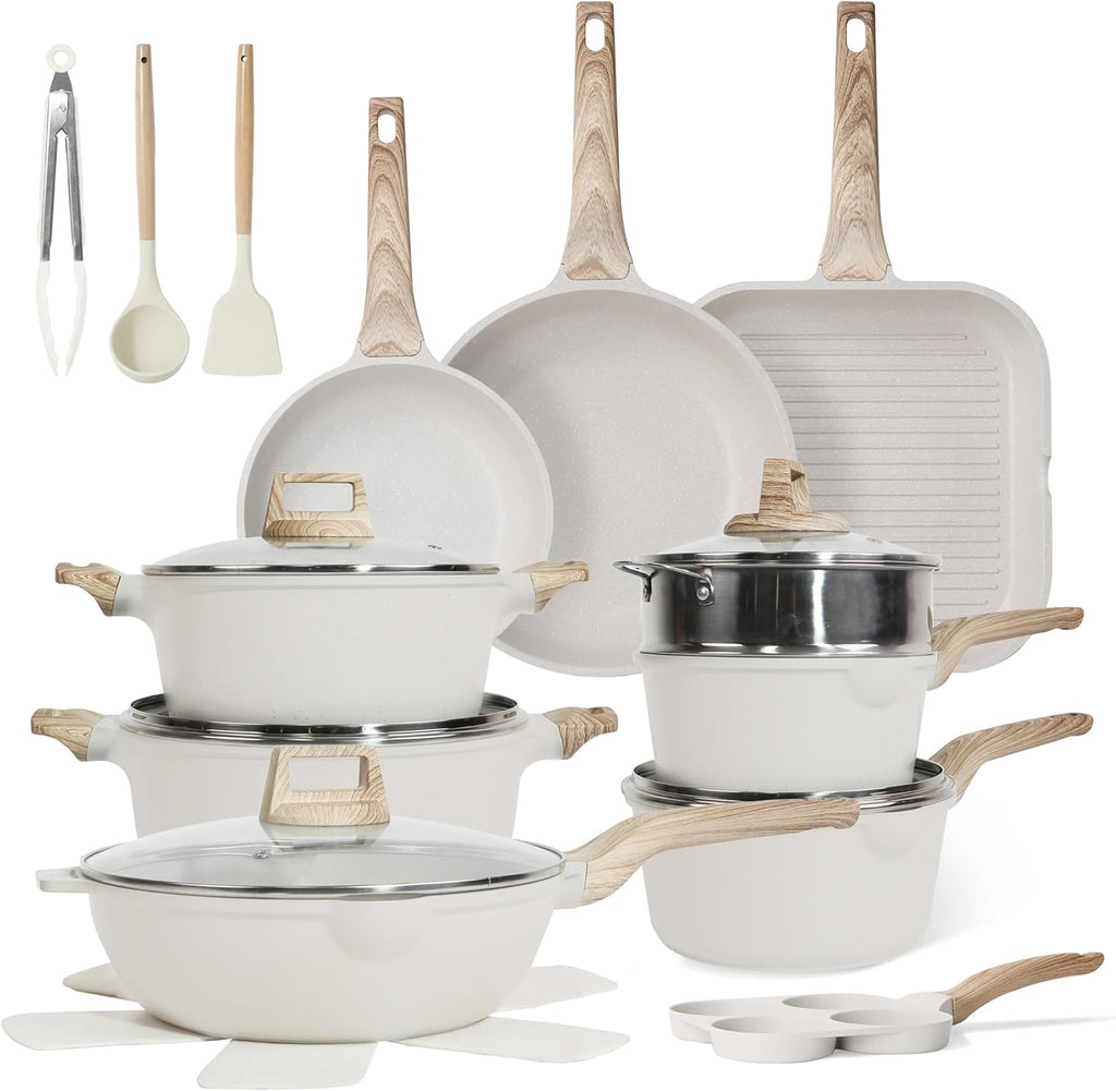 23Pcs Pots and Pans Set Non Stick, Kitchen Cookware Sets, Granite Induction Cookware Non Stick Cooking Set w/Frying Pans, Saucepans, Griddle, EggPan (White)