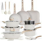 23Pcs Pots and Pans Set Non Stick, Kitchen Cookware Sets, Granite Induction Cookware Non Stick Cooking Set w/Frying Pans, Saucepans, Griddle, EggPan (White)