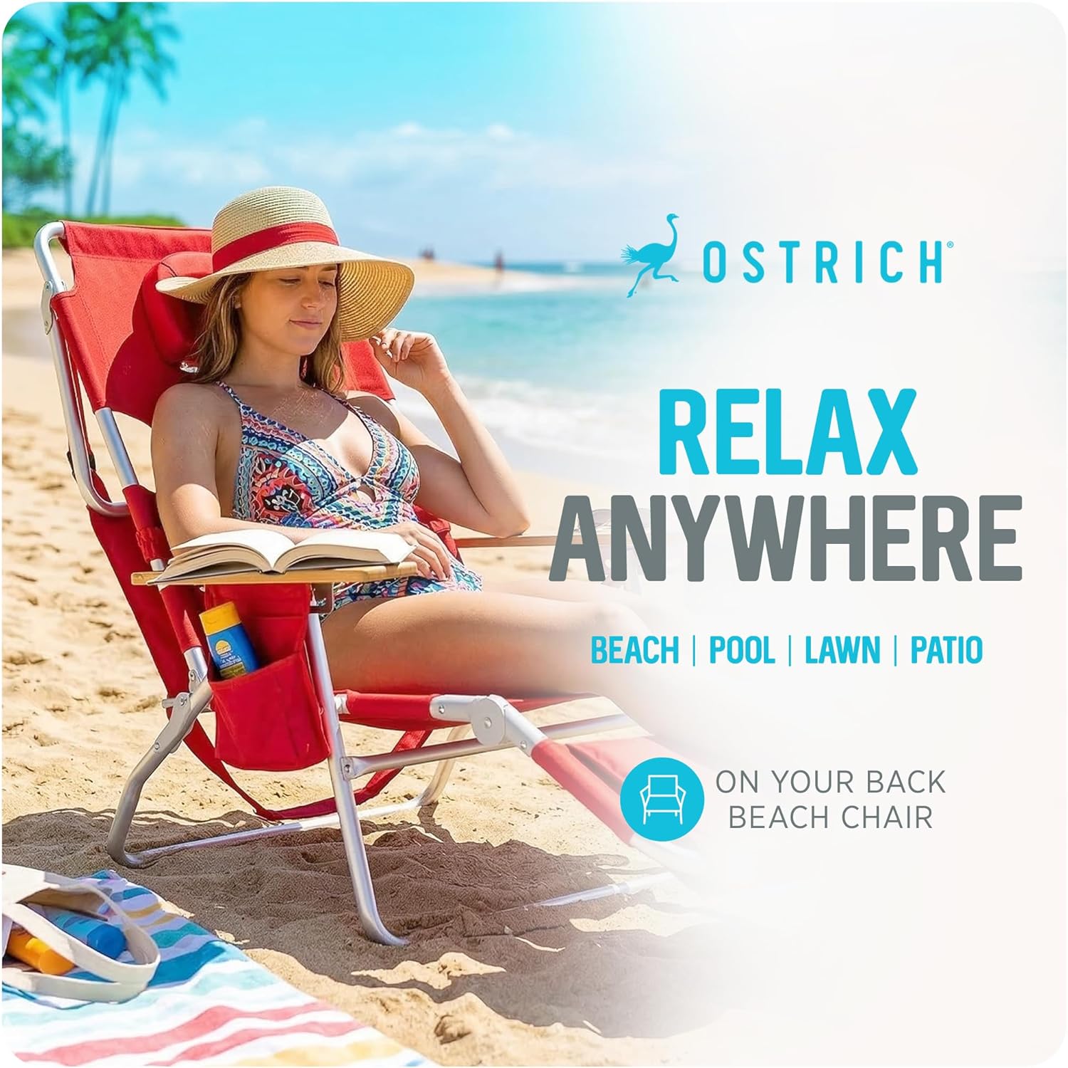 Ostrich the Deluxe 3N1 Lightweight Lawn Beach Reclining Lounge Chair with Footrest, Outdoor Furniture for Patio, Balcony, Backyard, or Porch, Red