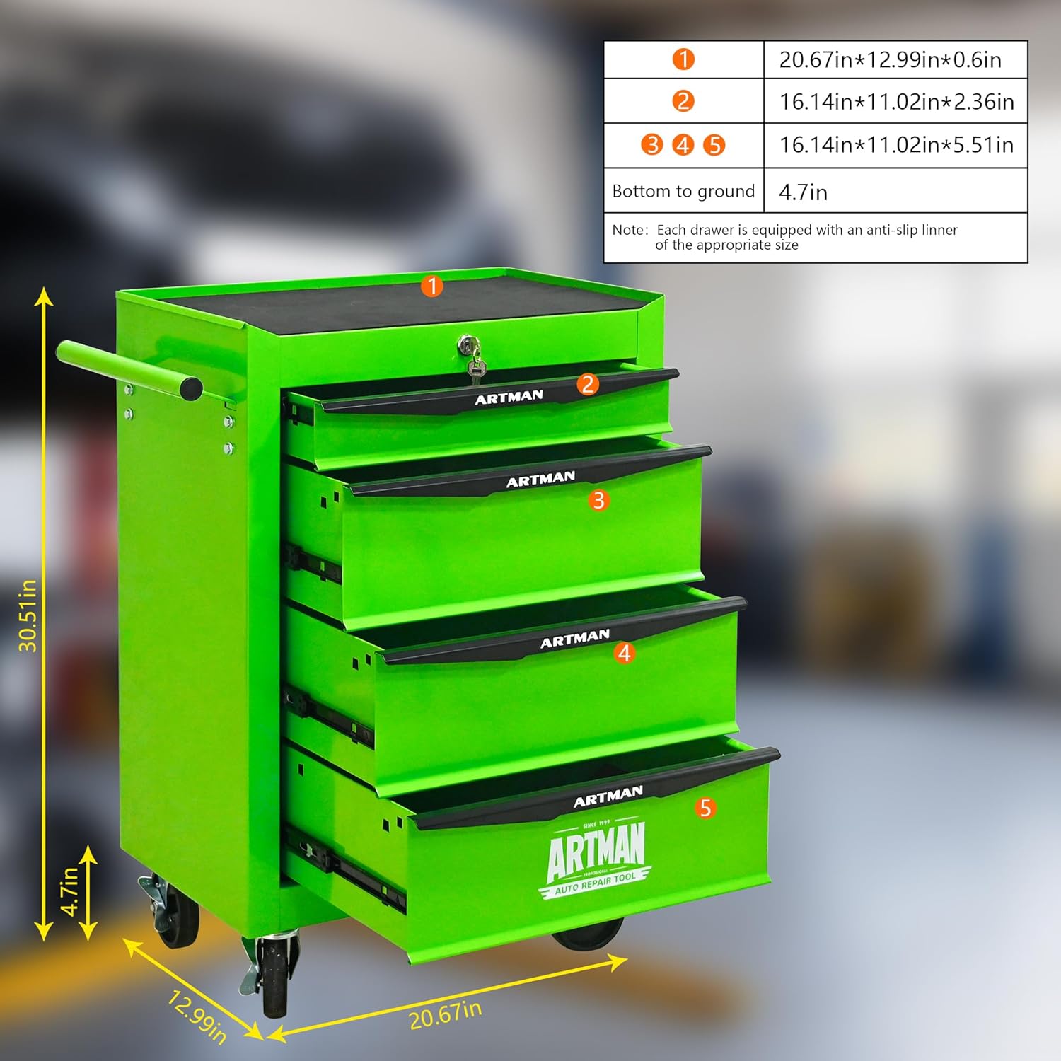 Rolling Metal Tool Chest with 4 Drawers, 20" 4-Drawer Tool Chest Cabinet with Ball Bearing Drawer Slides, Steel Tool Storage Box Organizer -Green