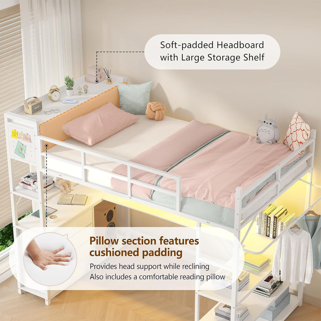 Loft Bed Twin Size with U-Shaped Desk, Metal Twin Loft Bed Frame with Storage Upholstered Headboard & LED Lights, Bunk Loft Beds with Power Outlet, Loft Beds with 4 Storage Drawers, Guard & Ladder