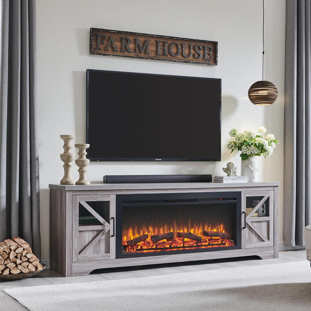 75" Farmhouse Fireplace TV Stand for TVs up to 85", Rustic Entertainment Center with 44" Fireplace Heater, Adjustable Storage Cabinets, Barn Door TV Console with Fireplace, Gray