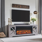 75" Farmhouse Fireplace TV Stand for TVs up to 85", Rustic Entertainment Center with 44" Fireplace Heater, Adjustable Storage Cabinets, Barn Door TV Console with Fireplace, Gray