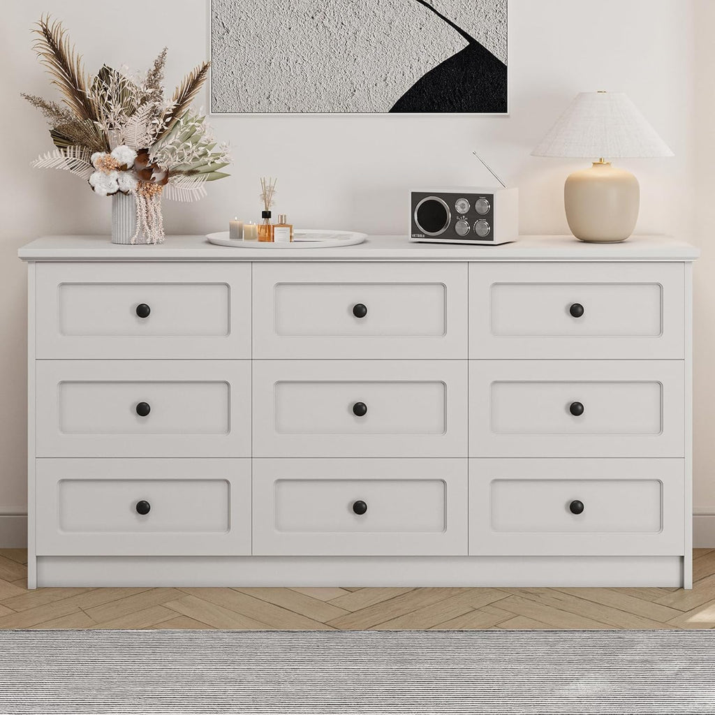 63 Inch 9 Drawer Tall Dresser, White Dresser for Bedroom, Modern Chest of Drawers with Deep Drawers and Handles, Wooden Dressers TV Stand, Long Dressers Organizer for Living Room, Hallway