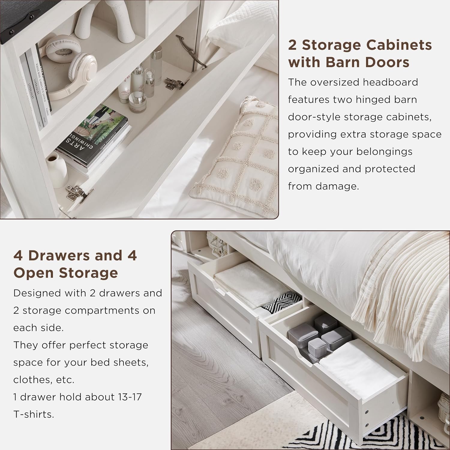 ACCOHOHO Queen Bed Frame Farmhouse with 52" Storage Bookcase Headboard, 4 Drawers Wooden Bed Frame, LED Light, Charging Station - White