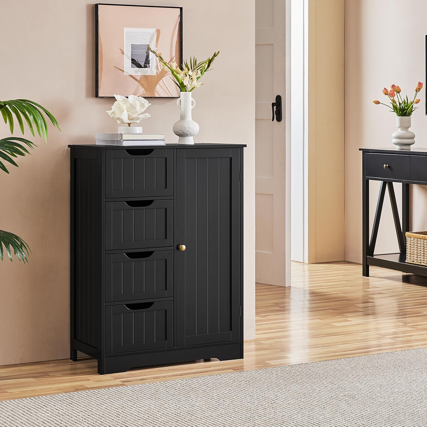 Yaheetech Wooden Storage Cabinet, Bathroom Storage Organizer with 4 Drawers & 1 Cupboard, Freestanding Cabinet Table for Bathroom, Entrance Area, Kitchen, Black