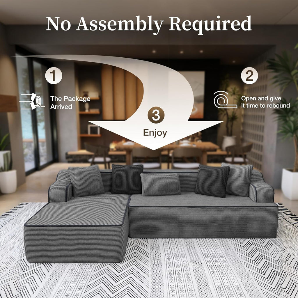 Cloud Sectional Couch for Living Room, 104'' L-Shaped Modular Sofa with Chaise, Modern Corduroy Boneless Couch with Deep Seat, No Assembly Required, Grey