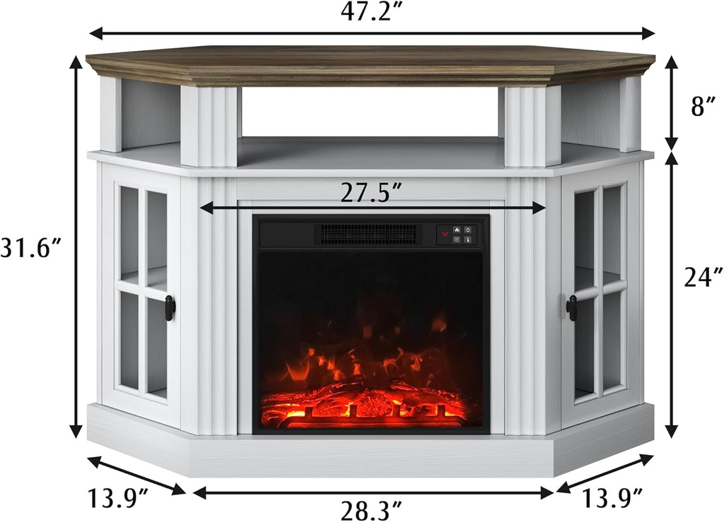 YESHOMY Corner Fireplace TV Stand for Television up to 55" with Storage Cabinets, Entertainment Center, Media Console for Living Room, Bedroom, White＆Rustic