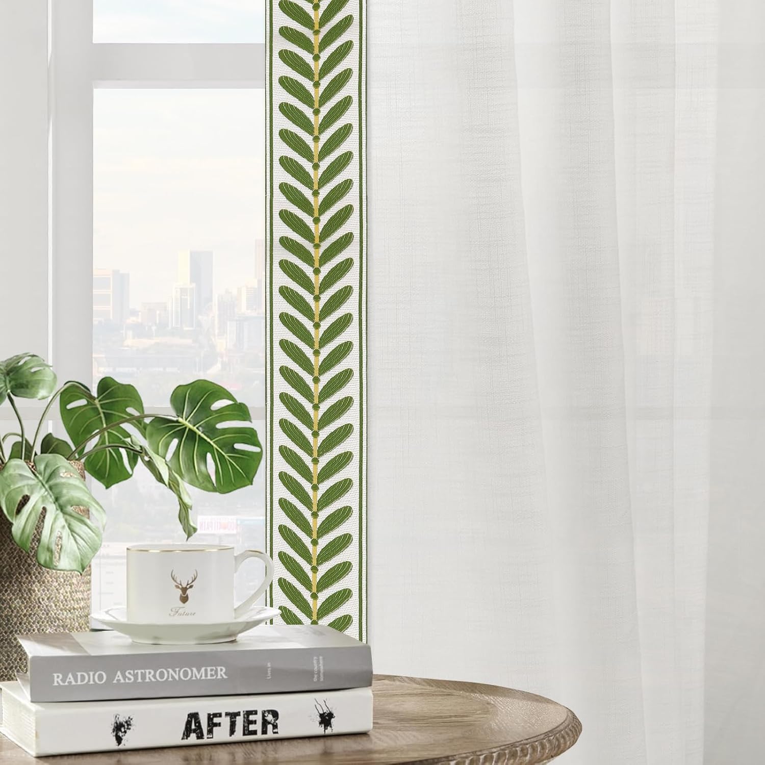 108 Inch Embroidery Trim Pinch Pleated Linen Curtains, Green Leaves Embroidery Decoration 2 Panels Window Panels with Light Filtering for Living Rooms and Bedrooms.40Wx108L,Beige White L1