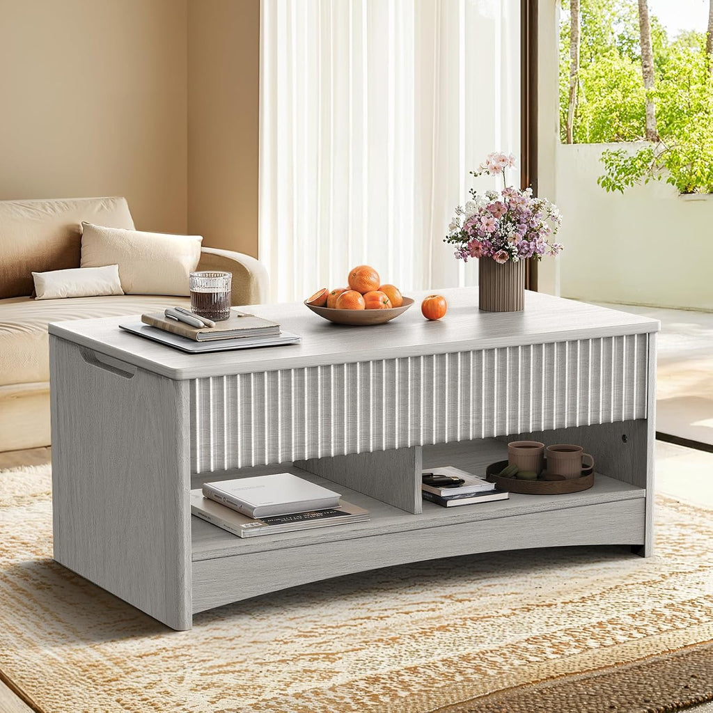 Marsail Lift Top Coffee Table with Open & Hidden Storage, Modern Fluted Coffee Table with Smooth Lift Mechanism, Sturdy Space-Saving Center Table for Home Living Room, Office, Light Grey