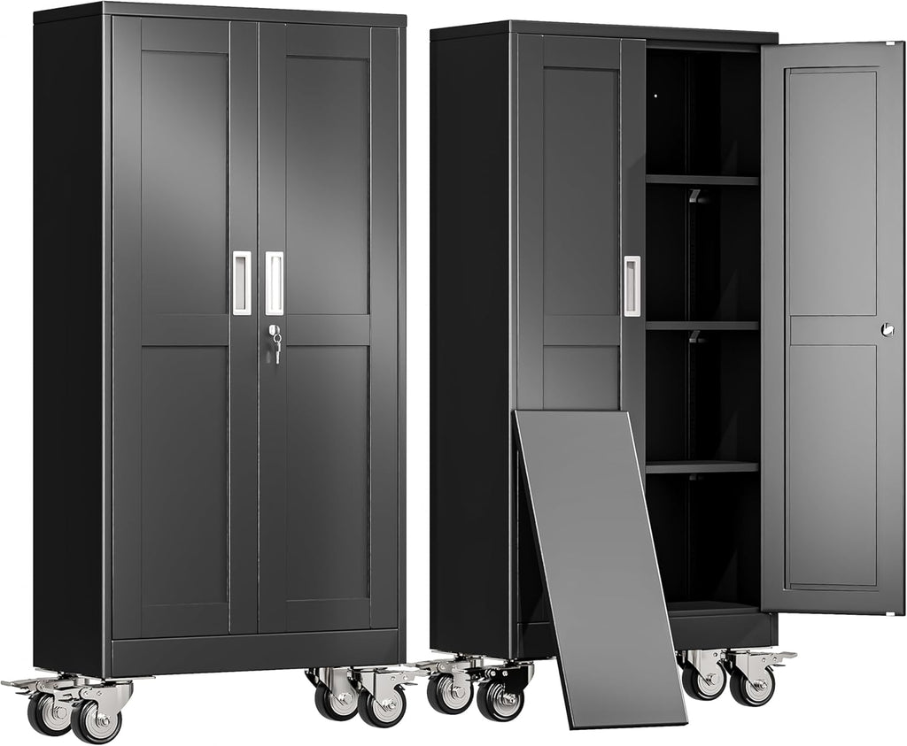 erosoei 61" H Metal Garage Storage Cabinet, Rolling Tool Cabinet with 2 Doors and Wheels, Locker Steel Cabinet with 3 Adjustable Shelves, Organization Cabinet for Garage,Office,Home,Gym,School（Black）