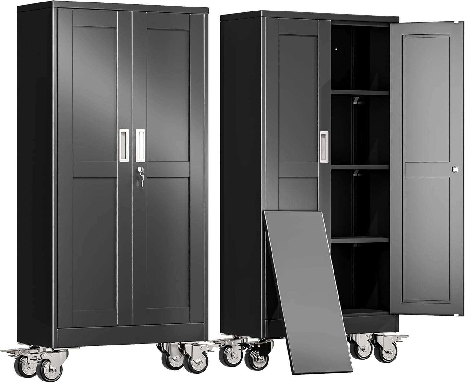 erosoei 61" H Metal Garage Storage Cabinet, Rolling Tool Cabinet with 2 Doors and Wheels, Locker Steel Cabinet with 3 Adjustable Shelves, Organization Cabinet for Garage,Office,Home,Gym,School（Black）